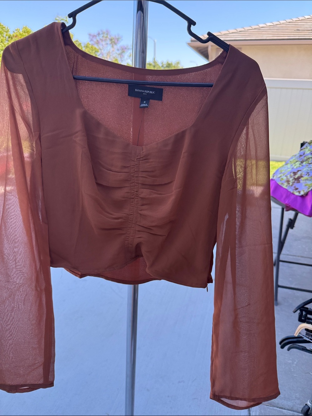 Banana Republic Rust Brown Sheer Ruched Front Cropped Blouse